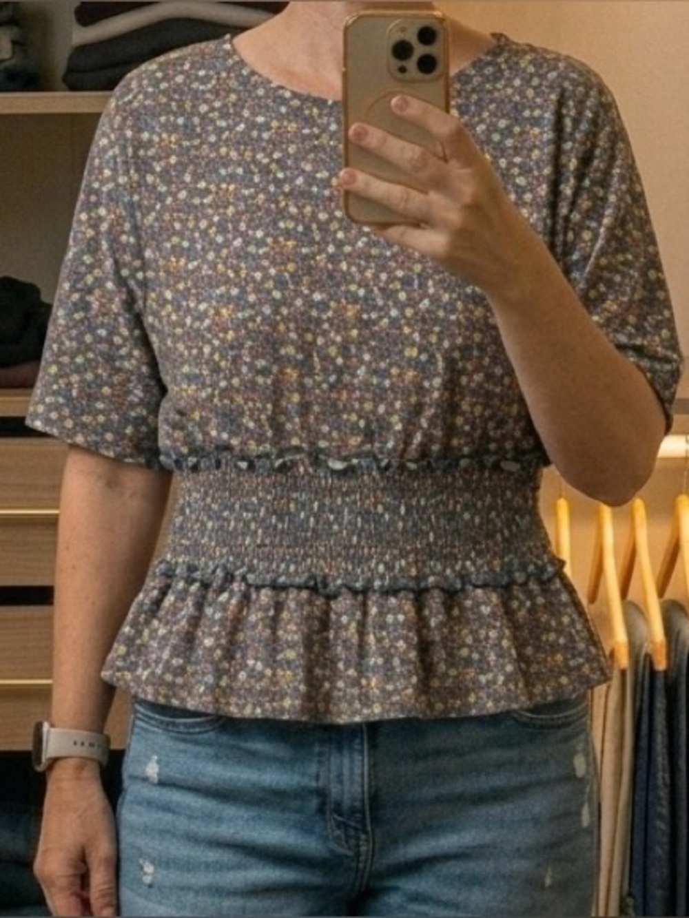 Gypsies & Moondust Blue Multi Floral Smocked Peplum Crop Top